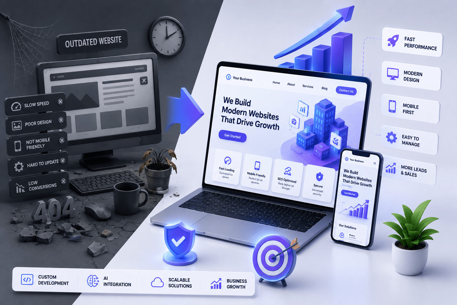 Modern AI-powered business website development by a website development company for SME business growth.