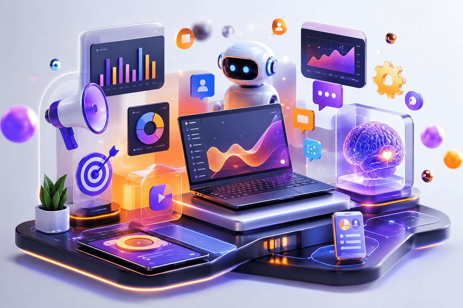 3D illustration of AI tools transforming digital marketing workflows with automation, analytics, SEO, content creation, and chatbot technology.