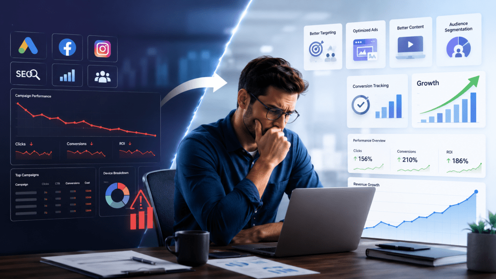 Digital marketing campaign performance showing declining results, conversion tracking, audience targeting, and growth analytics