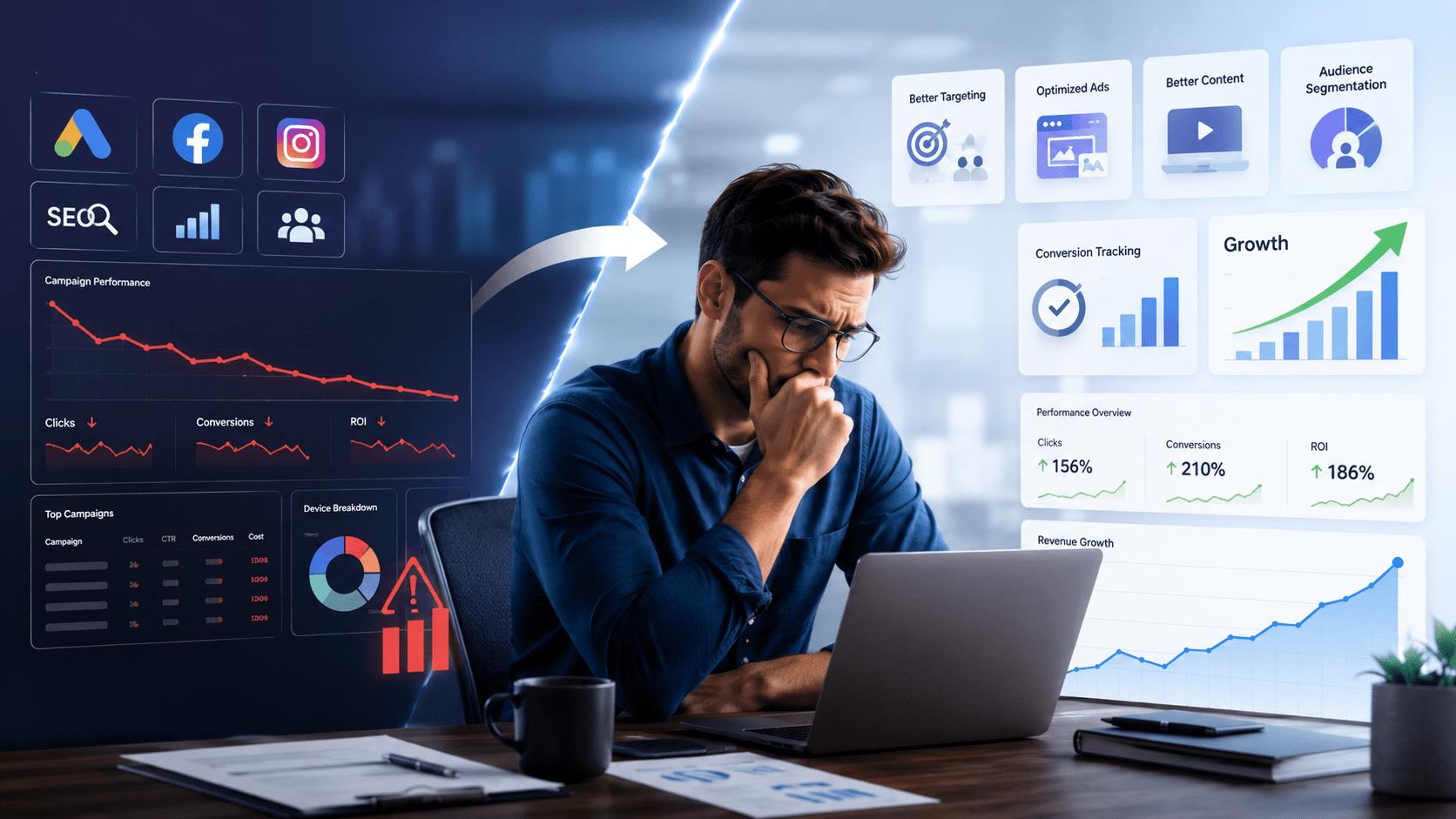Digital marketing campaign performance showing declining results, conversion tracking, audience targeting, and growth analytics