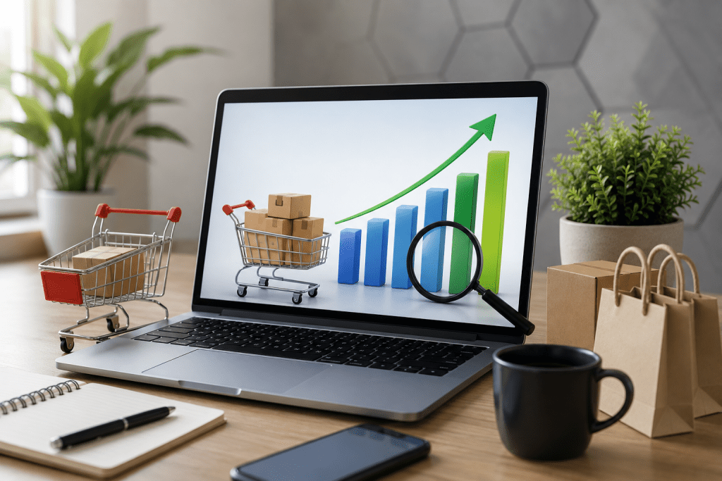 Modern eCommerce workspace with analytics dashboard, shopping cart, and SEO growth concept for D2C brands in India.
