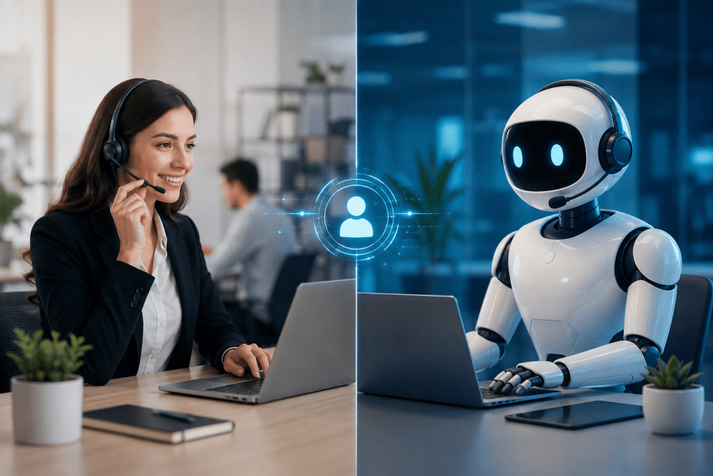 AI Chatbots vs human support working together for customer service