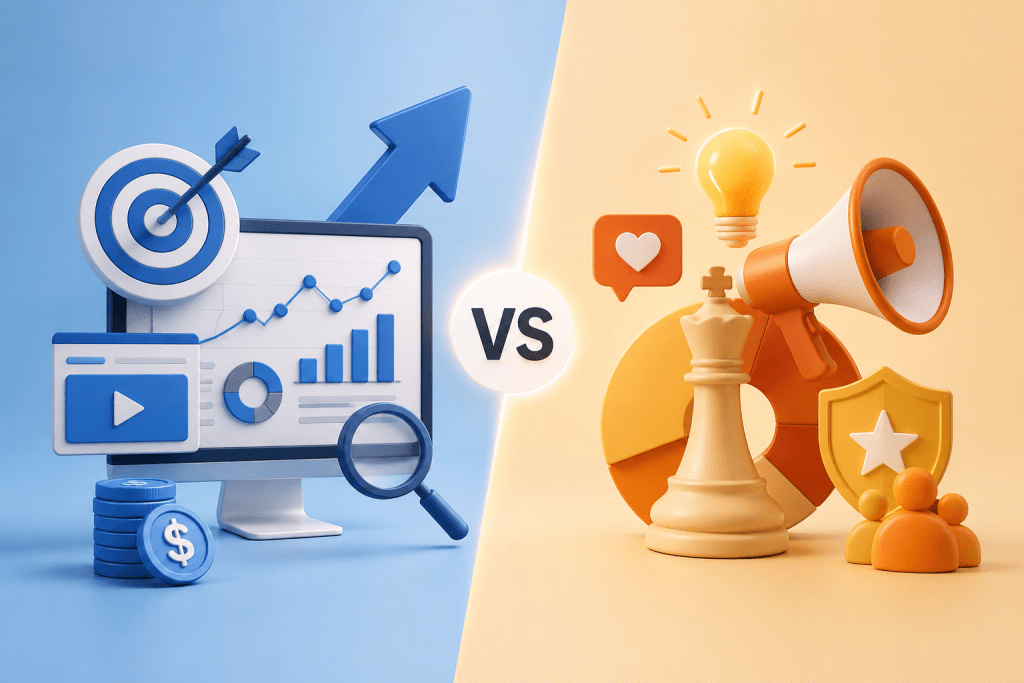 Performance Marketing vs Brand Marketing comparison illustration