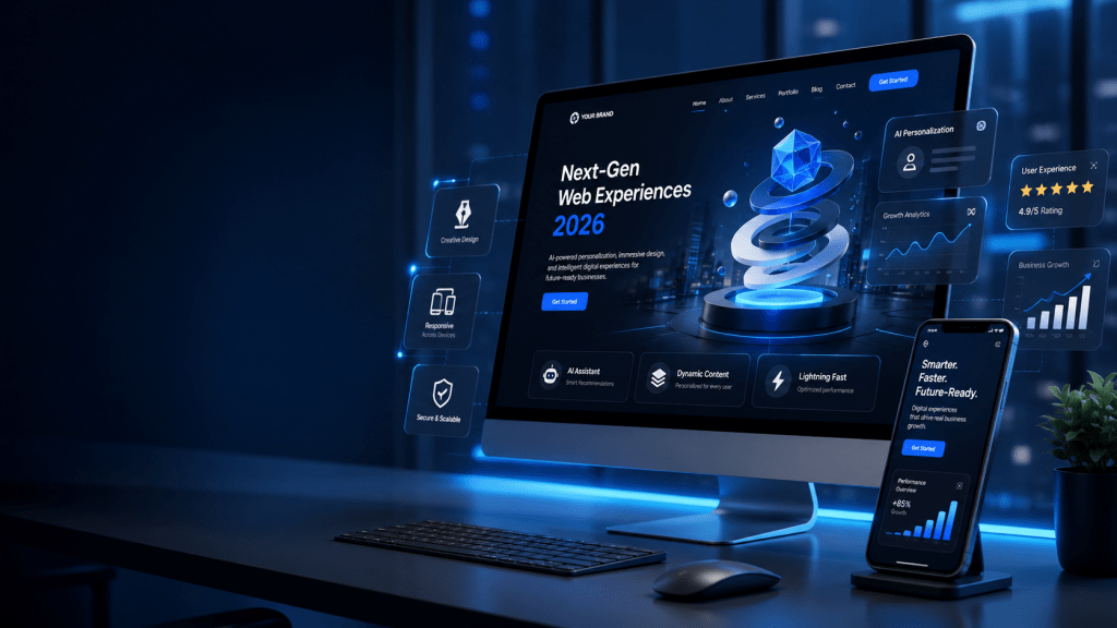 Modern website design trends 2026 displayed on desktop and smartphone screens