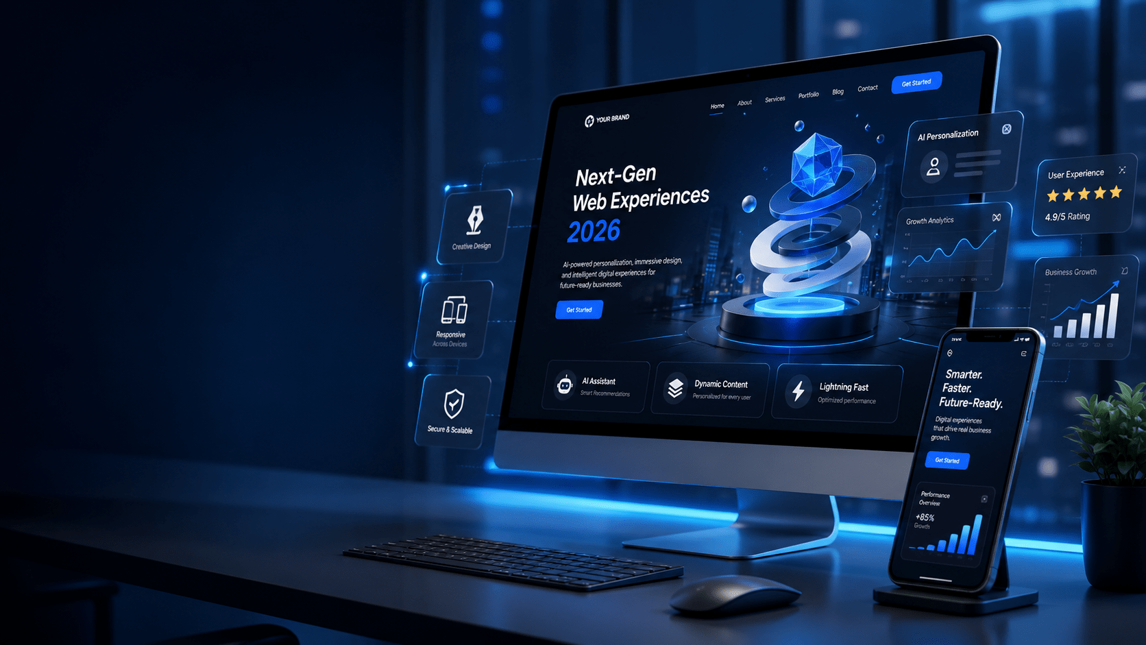 Modern website design trends 2026 displayed on desktop and smartphone screens